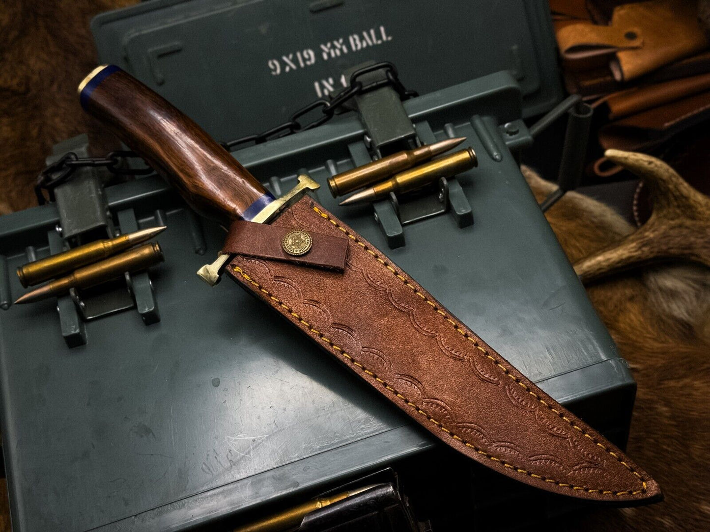 Handmade Damascus Steel Bowie Hunting Knife – Twist Hardwood Handle with Sheath | Heritage Forge