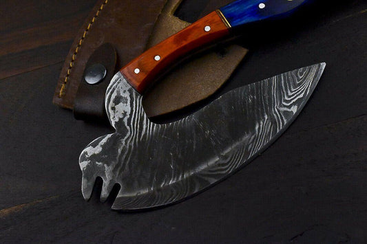 Handmade Damascus Steel Hard Wood Hunting Clever Chopper Axe Knife with Leather Sheath