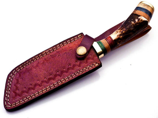 Custom 9.25" Damascus Bowie Knife with Deer Antler Handle