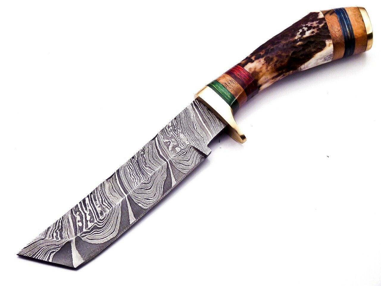 Custom 9.25" Damascus Bowie Knife with Deer Antler Handle