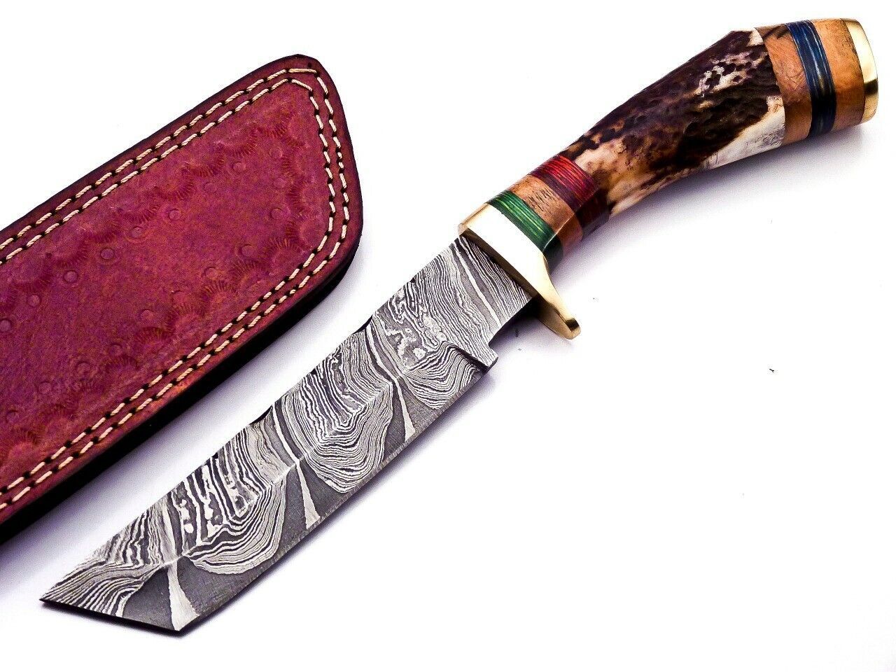 Custom 9.25" Damascus Bowie Knife with Deer Antler Handle
