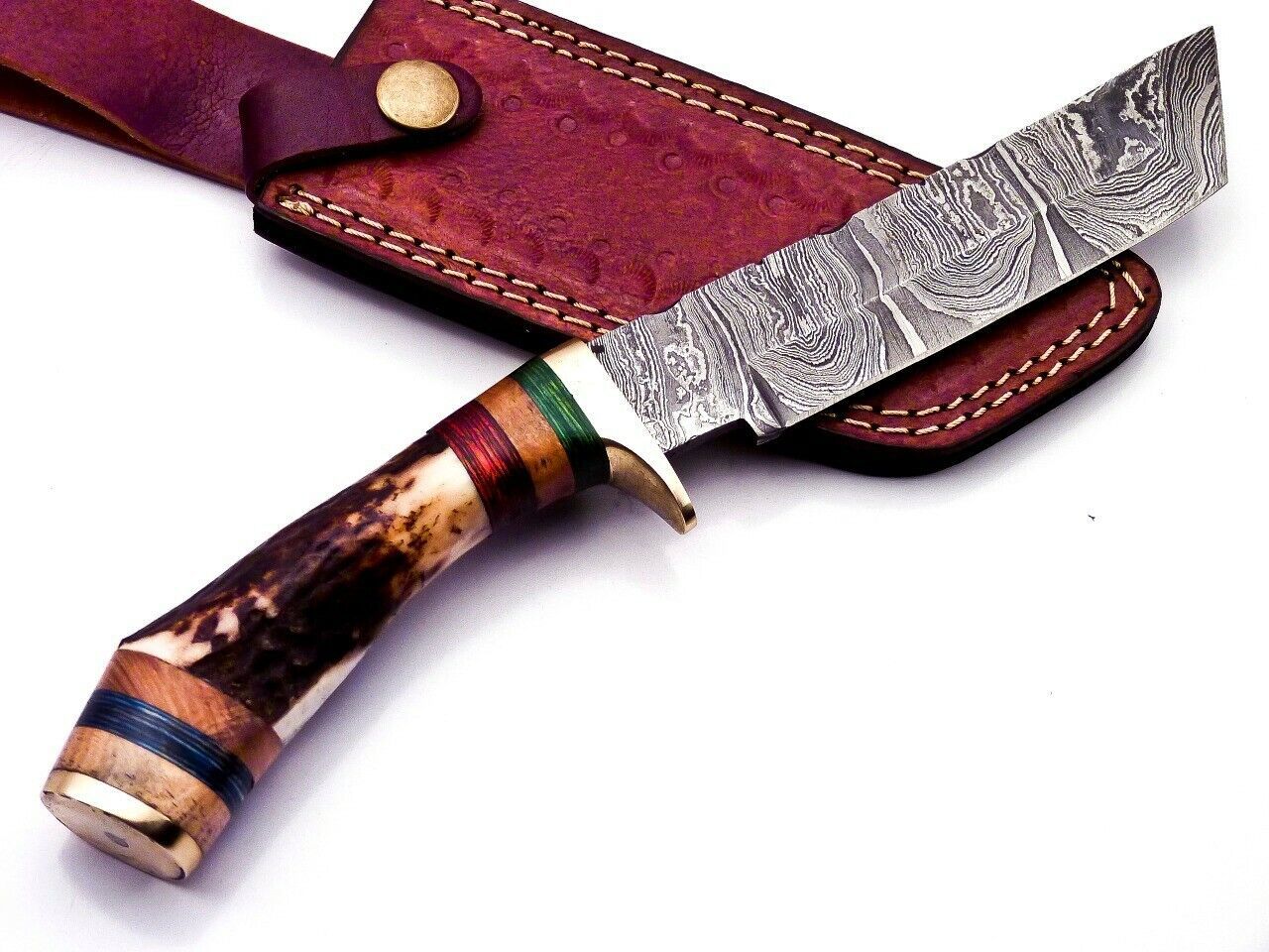 Custom 9.25" Damascus Bowie Knife with Deer Antler Handle