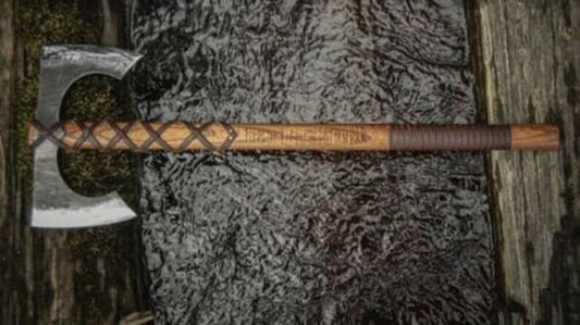 Custom Hand Forged Double Headed Viking Battle Axe with Ash Wood Handle and Leather Sheath