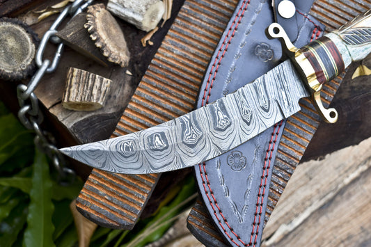 12 Inch Twist Damascus Bowie Knife with Bone Handle and Brass Guard