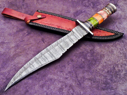 16 Inch Handmade Damascus Steel Bowie Hunting Knife with Resin Handle by Heritage Forge