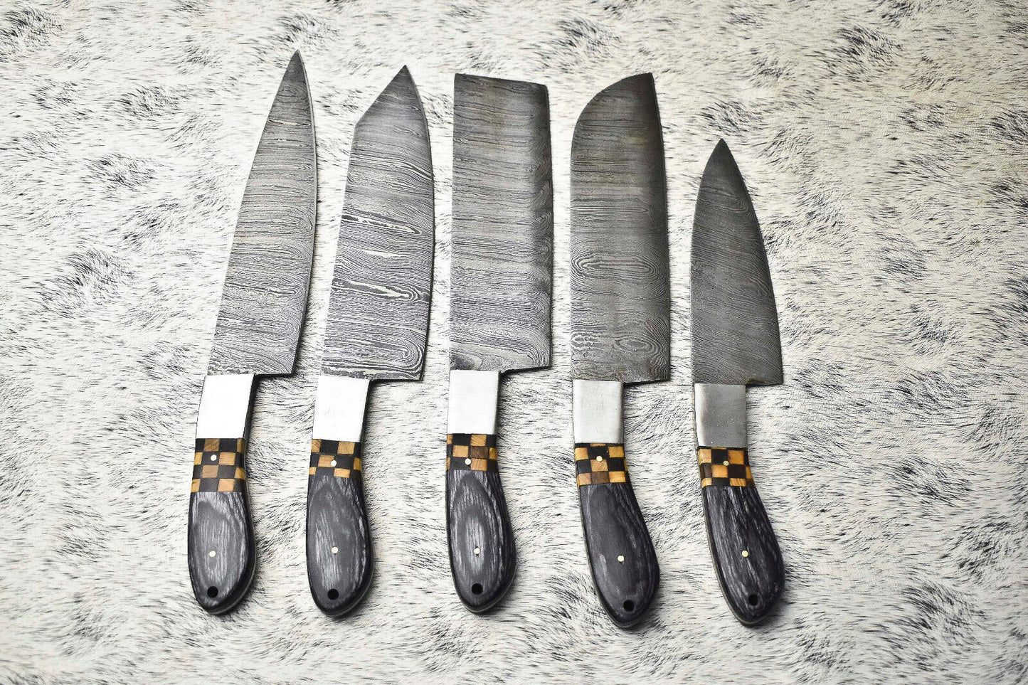 Stunning 5-Piece Handmade Hammered Damascus Steel Chef Knife Set – Custom Lot