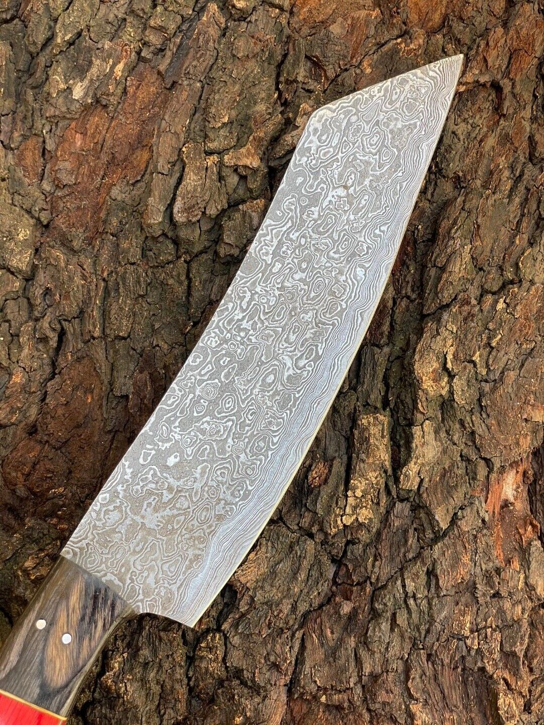 Custom Forged Damascus Steel Chef Knife – Kitchen Cleaver with Wood Handle & Leather Sheath