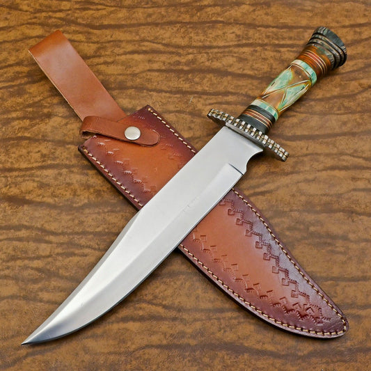 Handmade 12-Inch D2 Steel Clip Point Bowie Hunting Knife with Bone & Wood Handle & Sheath