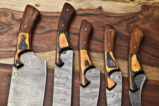 Lot of 5 Handmade Damascus Blade Full Tang Chef Set Knives – Premium Layered Steel