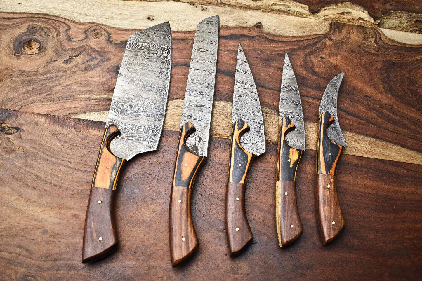 Lot of 5 Handmade Damascus Blade Full Tang Chef Set Knives – Premium Layered Steel