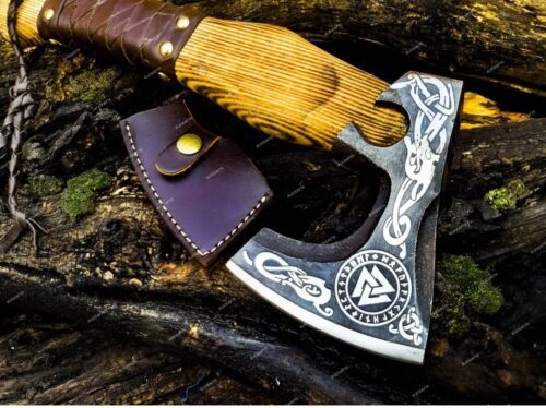 Custom Hand Forged Carbon Steel Viking Valhalla Battle Axe – Throwing Axe with Leather Sheath