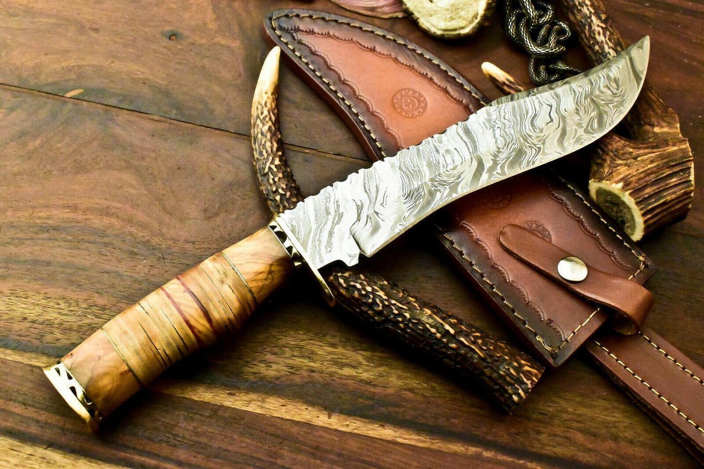 Custom Handmade Damascus Bowie Hunting Knife | Stacked Leather Handle