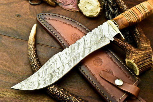 Custom Handmade Damascus Bowie Hunting Knife | Stacked Leather Handle