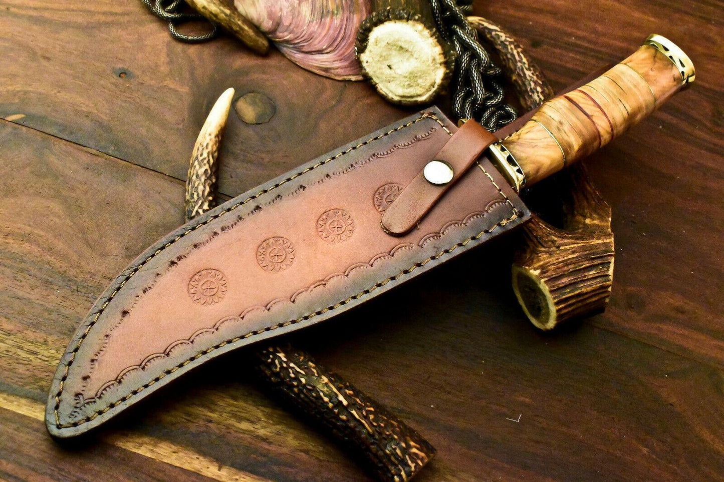 Custom Handmade Damascus Bowie Hunting Knife | Stacked Leather Handle