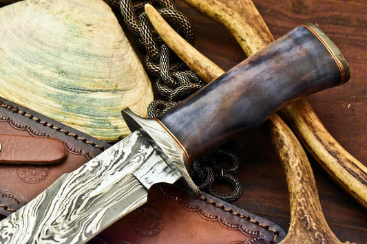 12" Damascus Steel Bowie Knife – Stained Camel Bone Handle