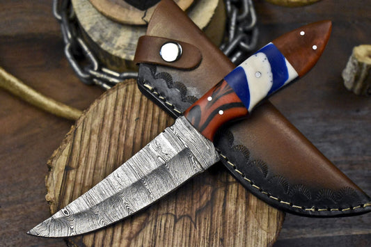 Twist Damascus Skinner Knife Corian Handle Micarta Bolster for Camping and Hunting