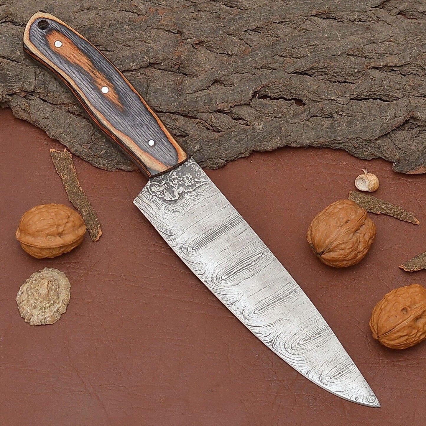 Premium Handmade Damascus Steel Chef & Fillet Knife with Full Tang Pakka Wood Handle