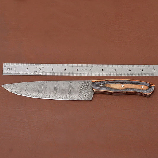 Premium Handmade Damascus Steel Chef & Fillet Knife with Full Tang Pakka Wood Handle