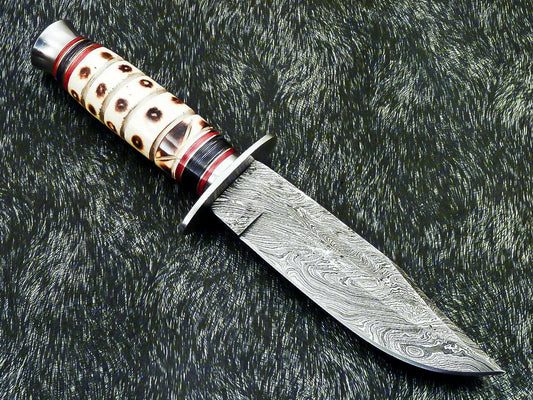 Hand Forged Damascus 10" Bowie Hunting Knife | Camel Bone & Hardwood Handle