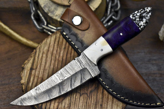 Twist Damascus Corian Handle Skinner Knife – Hand Forged Hunting Gift Knife