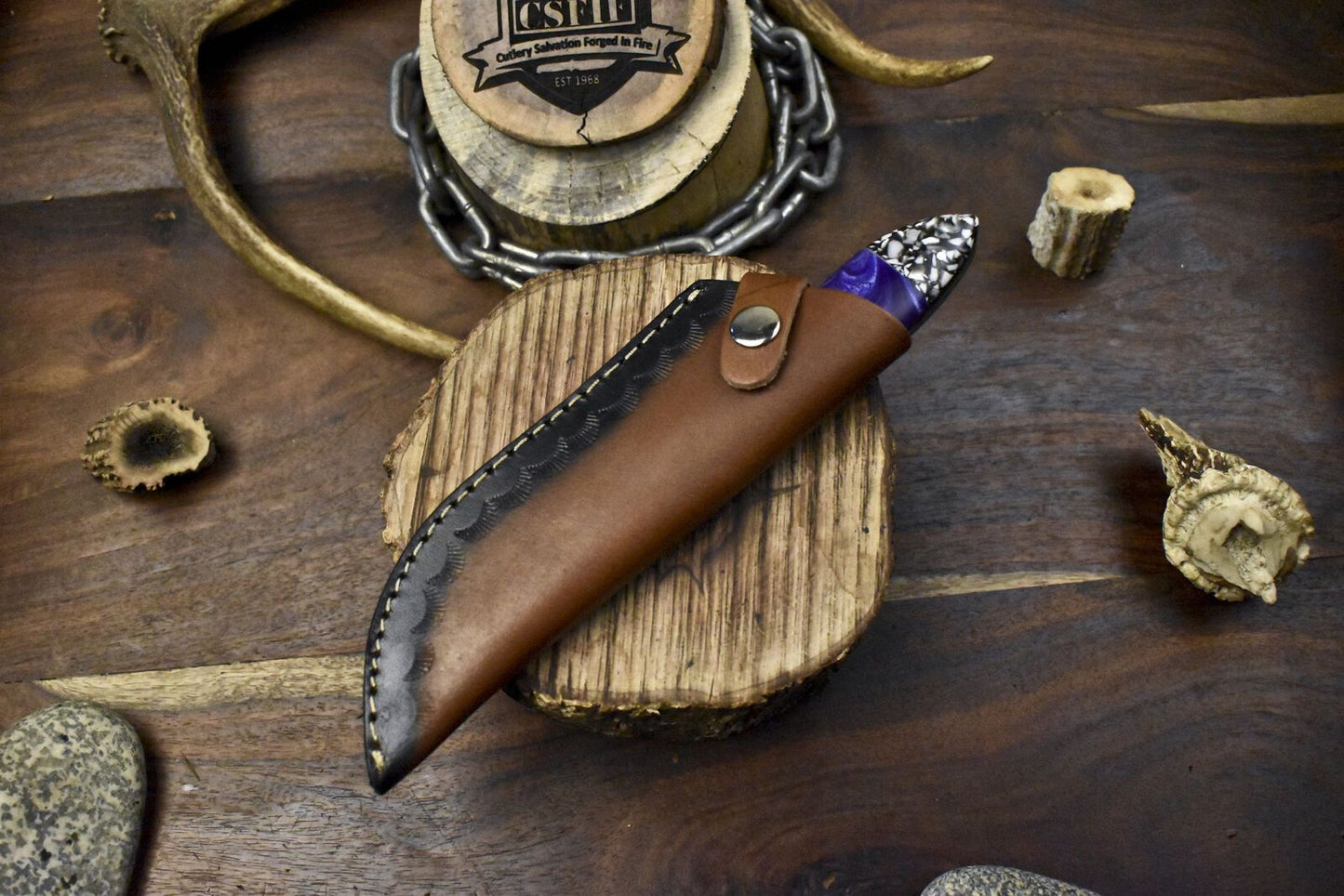 Twist Damascus Corian Handle Skinner Knife – Hand Forged Hunting Gift Knife