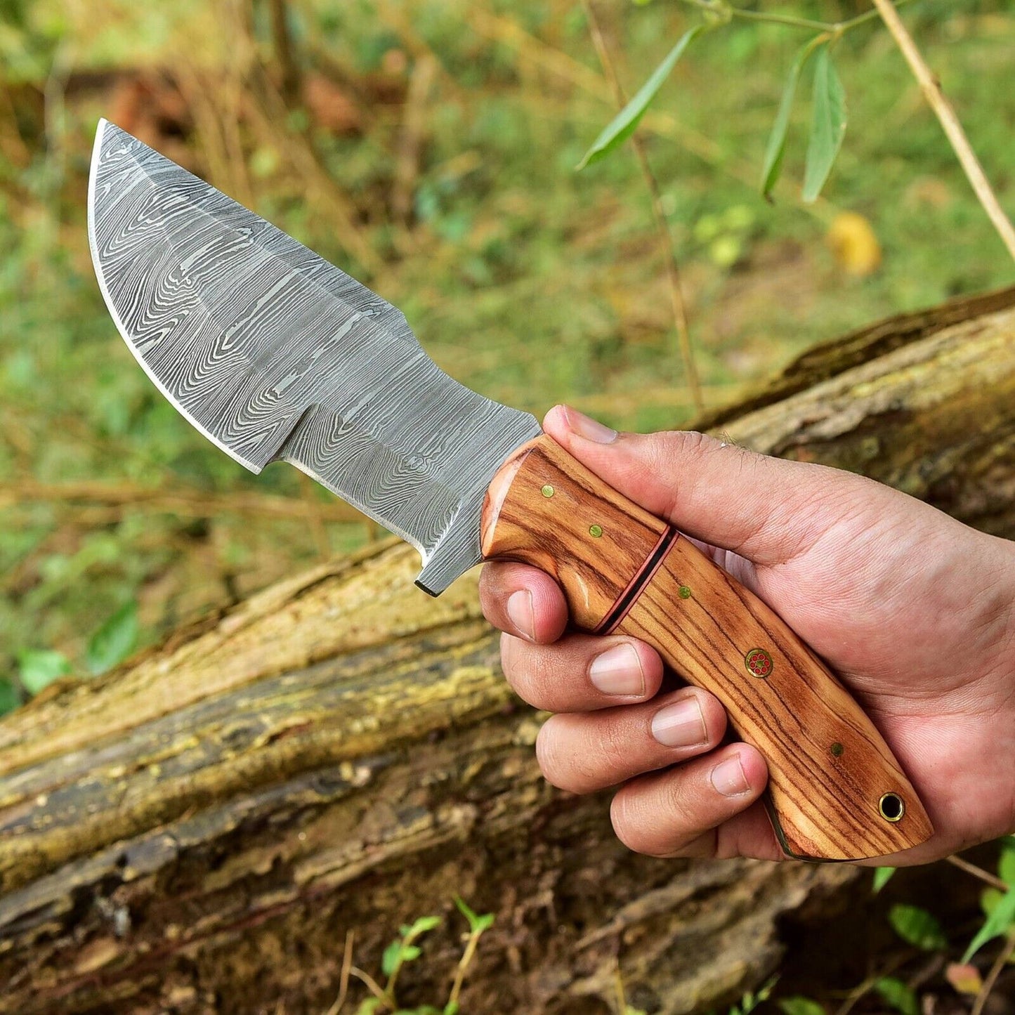 10.25" Handmade Damascus Steel Tracker Knife | Olive Wood Handle with Leather Sheath