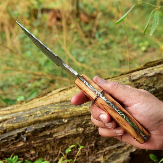 10.25" Handmade Damascus Steel Tracker Knife | Olive Wood Handle with Leather Sheath