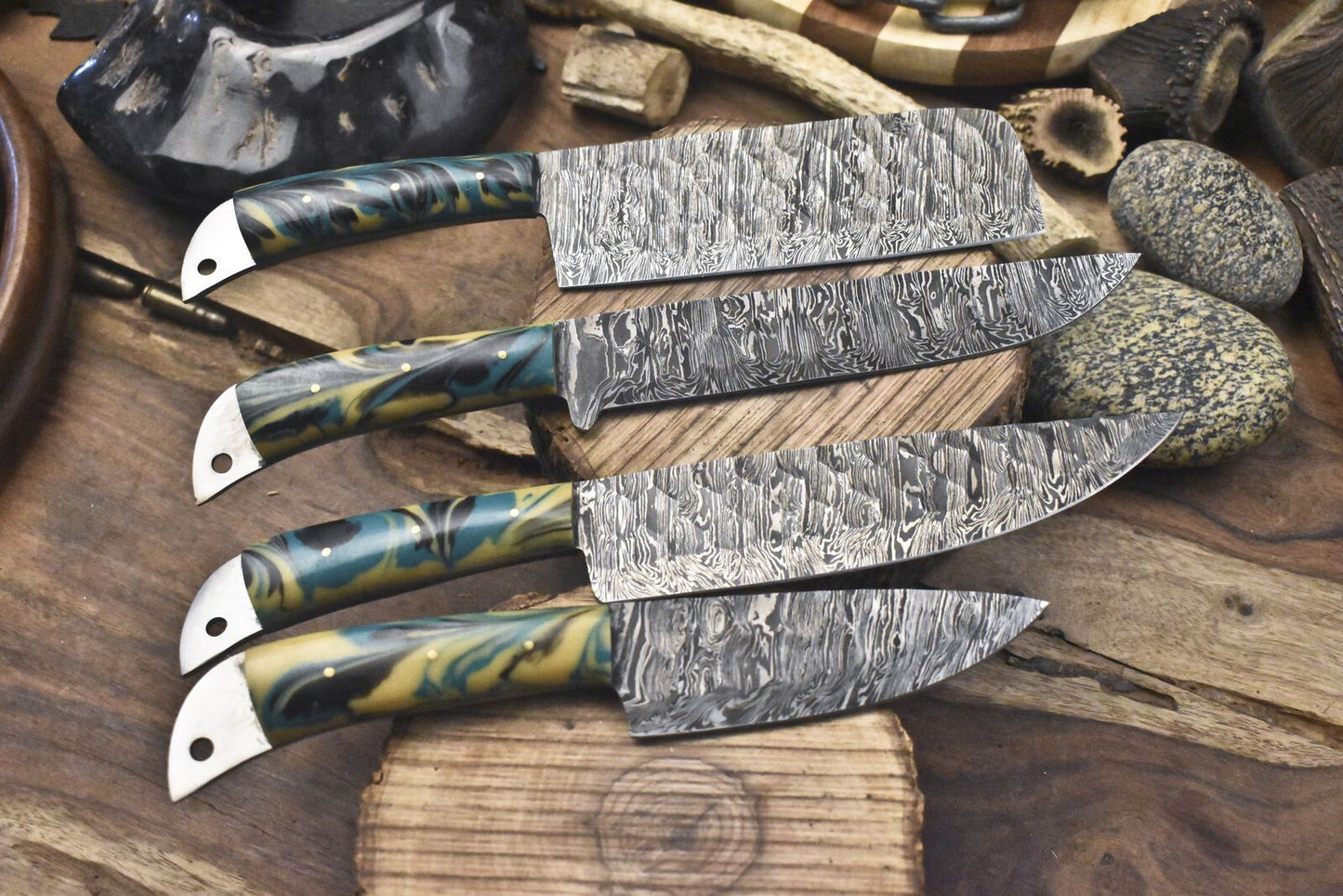 Hand Crafted Chef Knife Set Twist Damascus Steel with Micarta Handles – Lot of 4 Fishing Knives