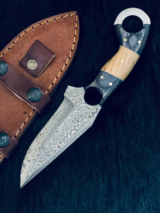8.5" Custom Handmade Rain Drop Damascus Hunting Knife – Camel Bone & Wood Handle