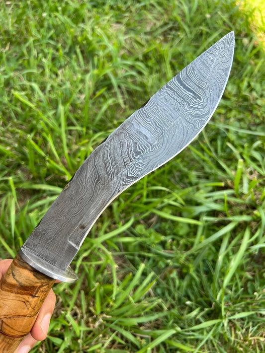 14" Hand Forged Damascus Kukri Bowie Knife | Wooden Handle & Leather Sheath