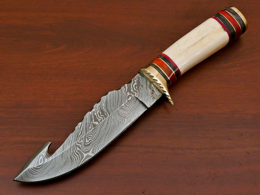 10.5" Handmade Damascus Bowie – Camel Bone & Pakka Wood Hunting Knife with Brass Guard