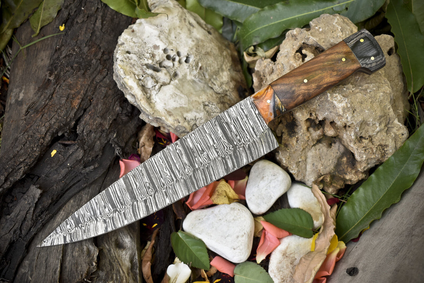 13" Handmade Twist Pattern Damascus Steel Chef Knife – Walnut Wood Handle & Micarta Bolster