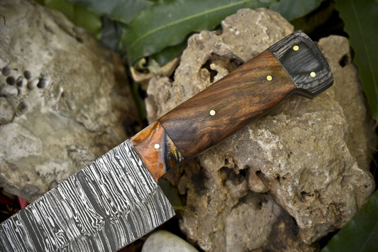 13" Handmade Twist Pattern Damascus Steel Chef Knife – Walnut Wood Handle & Micarta Bolster