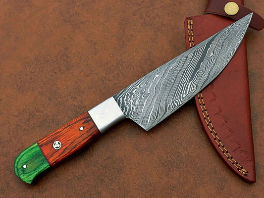 Premium Handmade Damascus Steel Chef Knife – 11.5" BBQ & Butcher Knife with Natural Wood Handle and Leather Sheath
