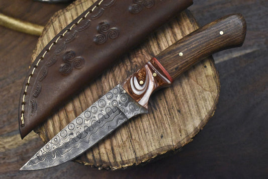 Handmade Rain Drop Damascus Skinner Knife 8" Walnut Wood Camping Hunting Blade