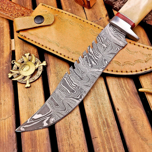 12" Damascus Bowie Knife | Bone Handle & Leather Sheath