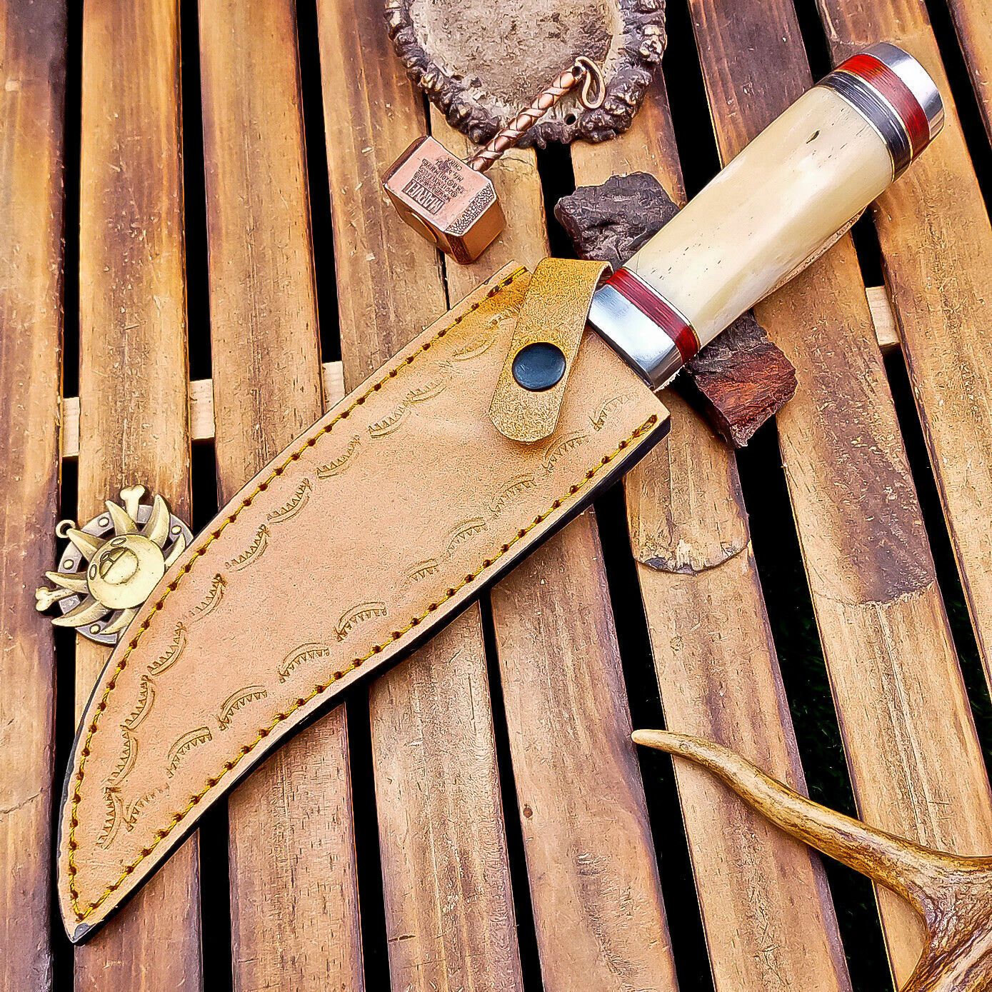 12" Damascus Bowie Knife | Bone Handle & Leather Sheath