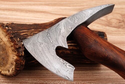 Custom Made Damascus Steel Axe with Cocobolo Wood Handle and Leather Sheath