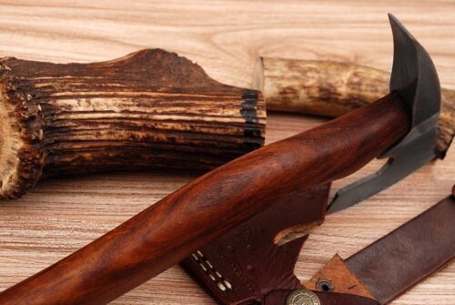Custom Made Damascus Steel Axe with Cocobolo Wood Handle and Leather Sheath