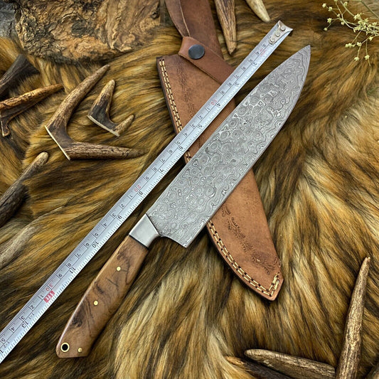 Handmade Damascus Steel Chef Knife with Olive Wood Handle – 12" Professional Kitchen Knife