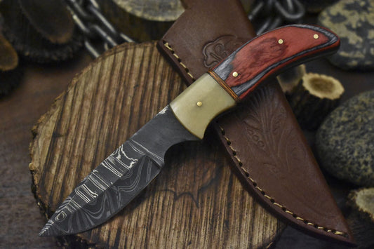 Custom Twist Damascus Skinner Knife with Hardwood Handle – Hunting Blade Closeout