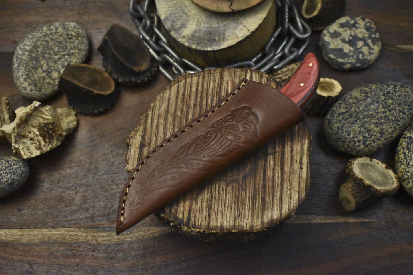 Custom Twist Damascus Skinner Knife with Hardwood Handle – Hunting Blade Closeout