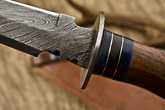 13.5" Damascus Trailing Bowie Knife – Walnut Wood Handle