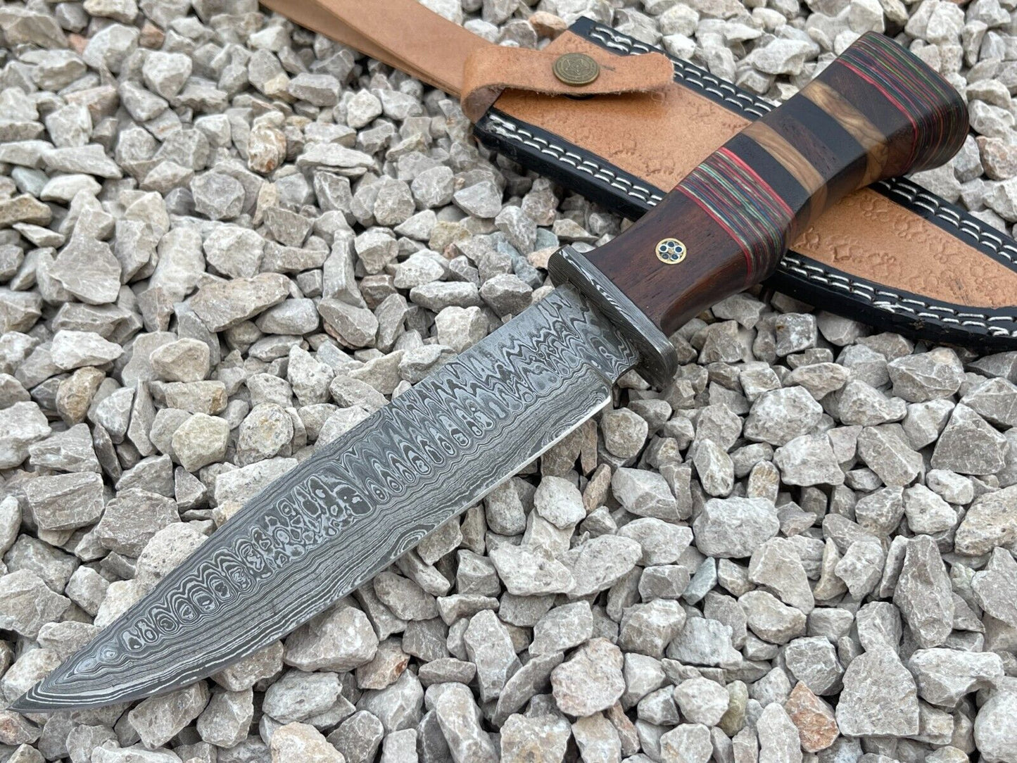Damascus Steel Bowie Knife with Multi Color Hardwood Handle 12 Inch