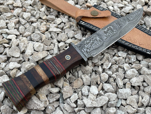 Damascus Steel Bowie Knife with Multi Color Hardwood Handle 12 Inch