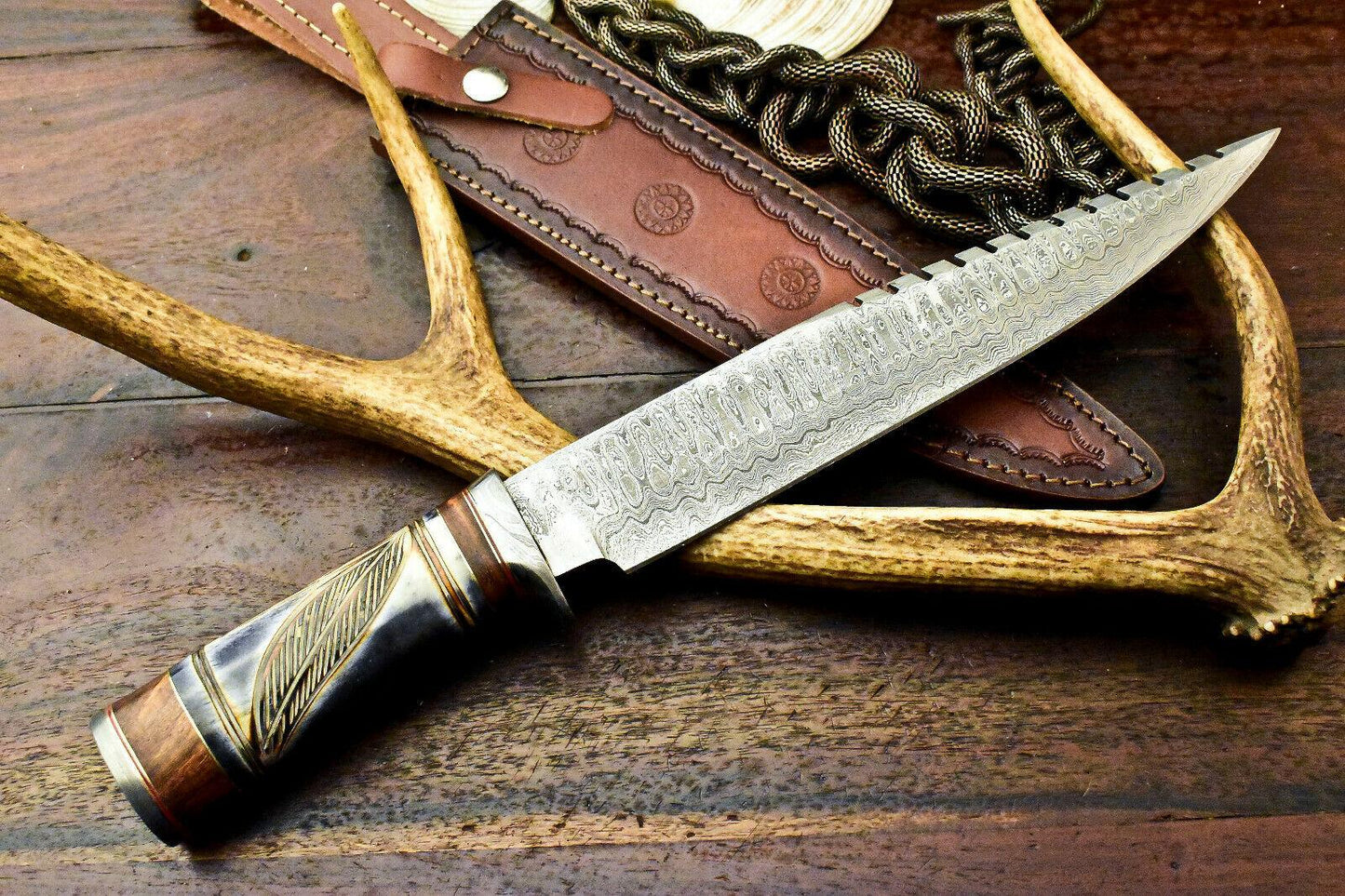 15" Damascus Bowie Knife – Engraved Camel Bone Handle & Leather Sheath