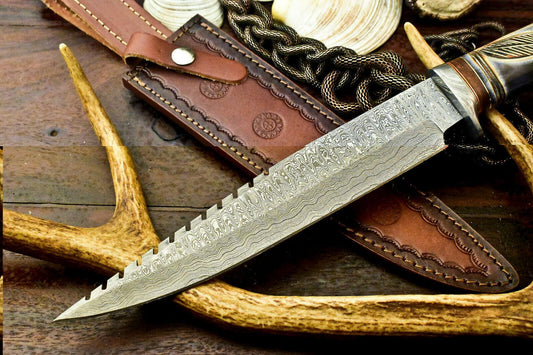 15" Damascus Bowie Knife – Engraved Camel Bone Handle & Leather Sheath