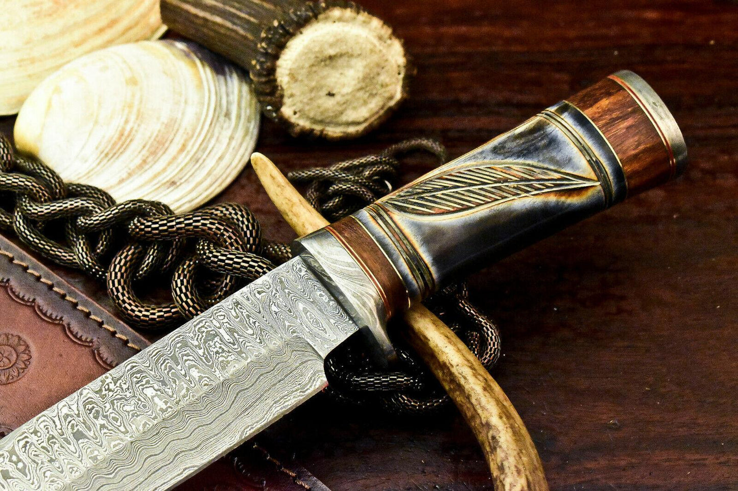 15" Damascus Bowie Knife – Engraved Camel Bone Handle & Leather Sheath