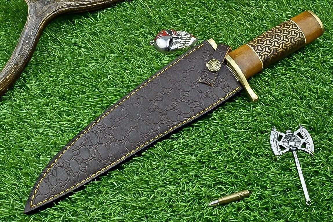 15" Handcrafted J2 Steel Damascus Bowie Knife with Hardwood Handle & Leather Sheath