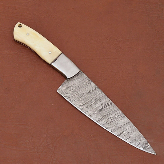 Custom Handmade Damascus Steel Kitchen Knife | 7" Chef Knife with Wood Handle & Sheath